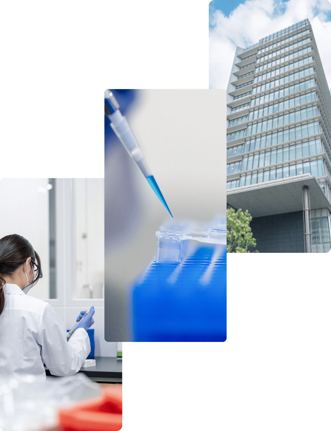 中央にはピペットで青い液体を容器に分注する実験のクローズアップ。左下に白衣の研究者、右上にガラス張りの高層オフィスビルが写っている