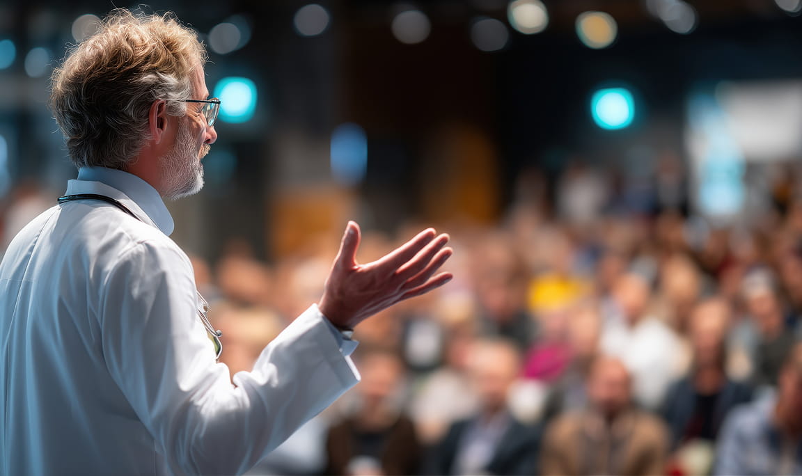 学会で研究成果を発表する男性研究者が講演している様子